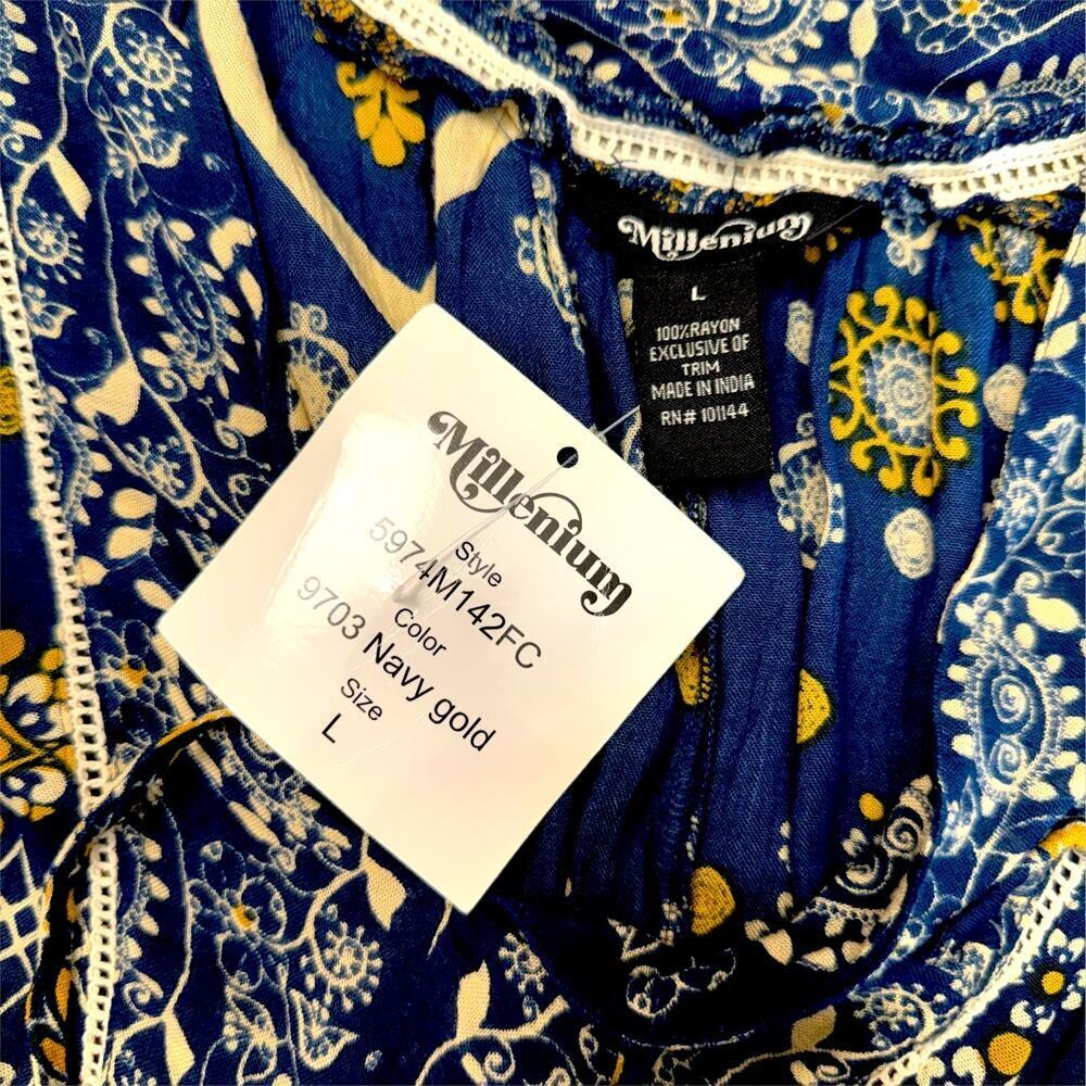 Millenium New Top Blouse Tunic Dress Womens L Bohemian Paisley Navy Gold Peasant - Picture 12 of 12